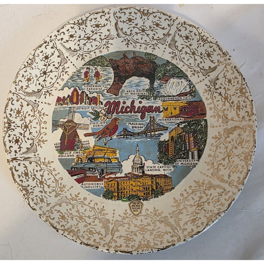 MICHIGAN Vintage Souvenir Collector Plate Mackinac Bridge Water Wonderland